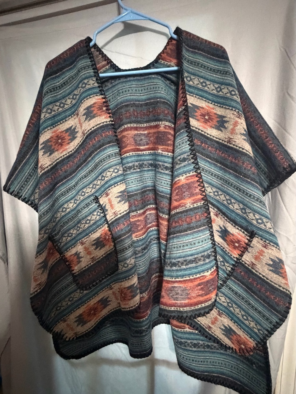 Southwestern Print Wrap Poncho in Teal and Rust